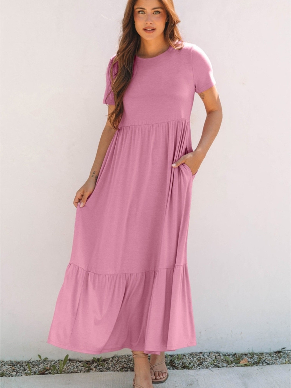 Women’s Short-Sleeve Tiered Maxi Dress in Dusty Pink